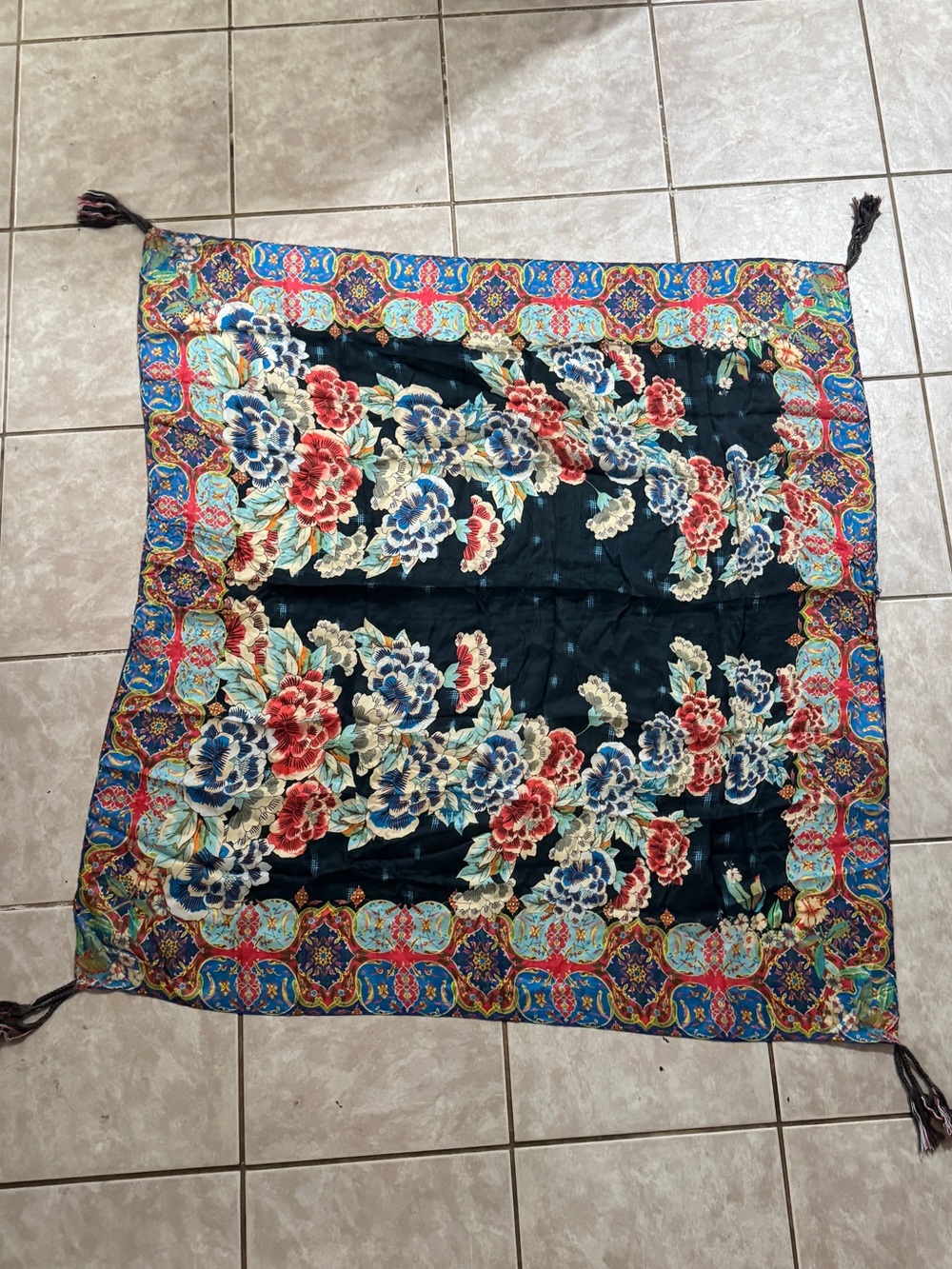 Johnny Was Large Silk Peony Flower Print Scarf